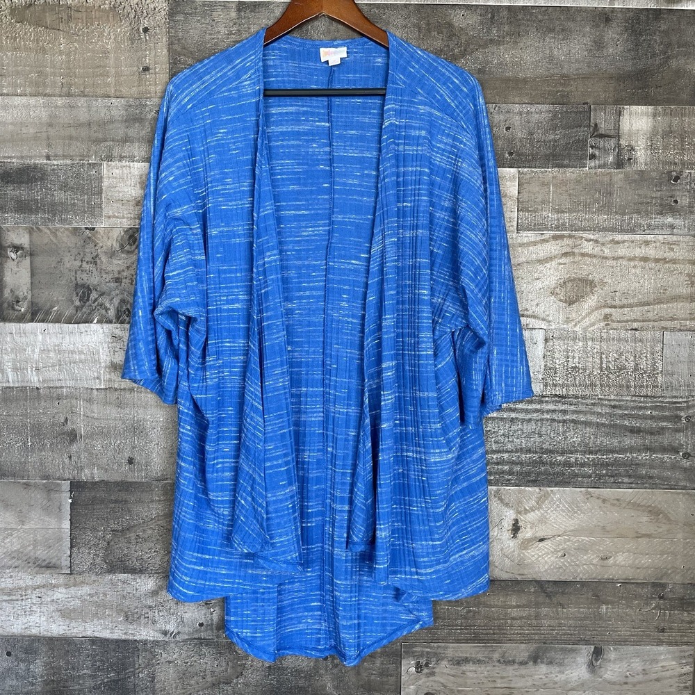 Lularoe Kimono Open Front Size M Blue & White Waffle Striped Stretch Oversized